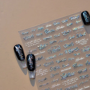 Autocollants 3D holographiques pour ongles avec lettres artistiques vintage et fini chromé