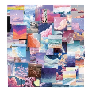 Detailed view of 50 aesthetic oil painting stickers featuring sunset clouds and ocean waves