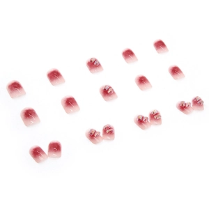 Short square burgundy gradient press-on nails with 3D aurora rhinestones and ombre finish