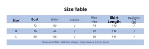 Size chart table for summer bodycon dress showing bust waist hips and length measurements