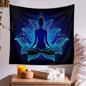 Cozy bedroom setting featuring a Zen meditation tapestry with blue lotus mandala on a white wall