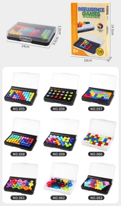 Detailed grid of 9 puzzle toy models with storage cases and packaging dimensions