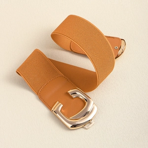 Detail of a wide elastic brown belt with a polished gold C-shaped metal buckle on sand background