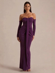 Ruched Tube Top Maxi Dress Polyester Elastane Off Shoulder Separate Sleeves Slim Fit Evening Party Banquet Clubwear Elegant