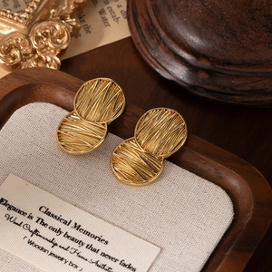 Minimalist double circle gold titanium steel earrings with brushed vintage texture finish