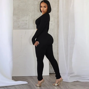 Women's black long sleeve V-neck cutout bodysuit set with high elasticity slim fit style