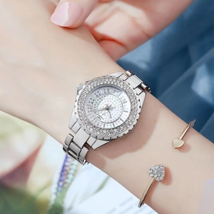 Elegant women's quartz watch with rhinestone bezel and starry sky dial design