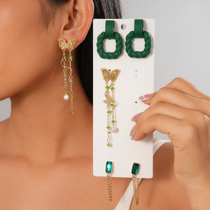 Butterfly Tassel Earrings Green Acrylic Rhinestone Artificial Pearl Geometric Twisted Hoop Earring With 925 Sterling Silver Earring Post