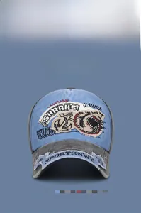 Détail de casquette vintage lavée avec bord usé et écussons nautiques de requin