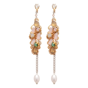 Elegant gold drop earrings with colorful crystals, silver tassels and teardrop pearls