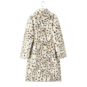 Detailed texture of leopard print faux fur coat with soft plush fibers and warm long pile