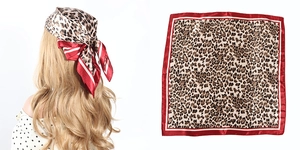 Detail showing red-bordered leopard print square silk scarf on a model and flat lay