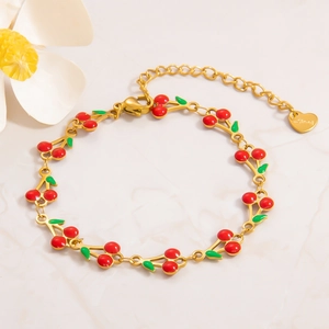 Bohemian 18k gold plated stainless steel cherry charm bracelet with red enamel fruit