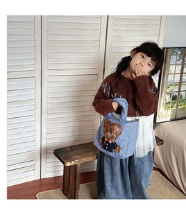 Detail of blue quilted plaid kids crossbody bag with 3D cute brown teddy bear plush toy