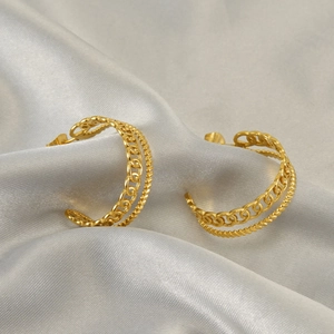 Minimalist double layer golden hoop earrings with chain and rope design on silk