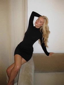 Sexy black long sleeve bodycon dress with high neck and ruching detail for women