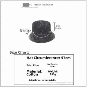 Size information and dimensions for the thick cotton houndstooth bucket hat in dark grey