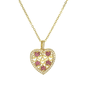 Golden heart necklace with pink gems and white zircon inlay on white background