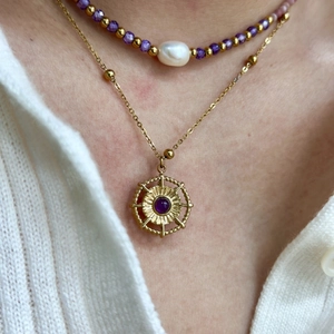Layered 14K gold plated necklace set with amethyst pendant and pearl beads for women