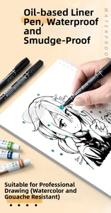 Close-up of waterproof dual-tip art markers and paint tubes showing smudge-proof detail