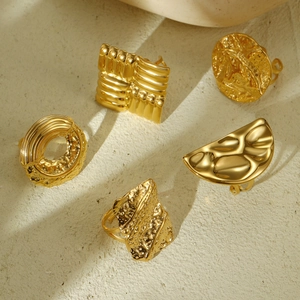 Stainless Steel Hammered Ring Gold Plated Irregular Geometric Texture Hollow Statement Jewelry For Women Fashion