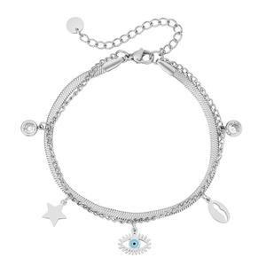 Double-layer titanium steel bracelet with evil eye, star and shell charms in silver finish