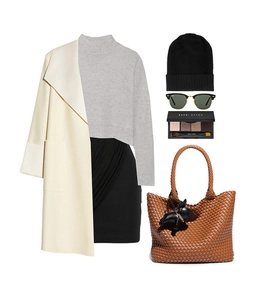 Flat lay of caramel woven leather tote bag paired with stylish autumn knitwear outfit