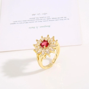 Sunflower Open Adjustable Ring Gold Plated Copper Micro Inlaid Red White Cubic Zirconia Flower Jewelry For Women