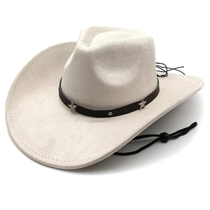 Detail of white faux suede cowboy hat with star studded band and adjustable chin cord