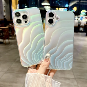 Detail view of two laser-effect wavy phone cases with rainbow reflections and soft grip