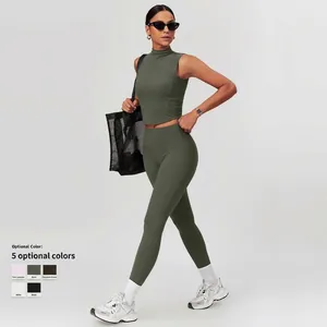 Damen Yoga-Set in Olivgrün mit hoch taillierter Leggings und schmalem Racerback-Top