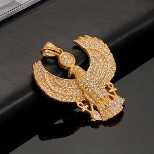 Hip hop gold plated eagle pendant necklace with iced out crystals and ankh symbols