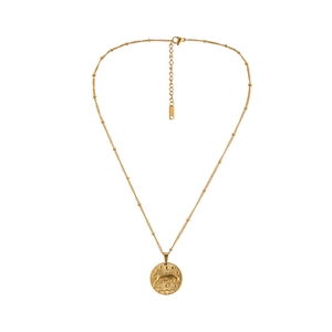 Detail of gold coin zodiac necklace with lobster clasp and S.STEEL hallmark engraving