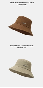 Detail showing foldable quick-dry sun hats with metal brand logo and neat stitching