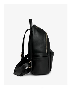 Side view of black faux leather backpack showing silver metal zippers and adjustable buckles