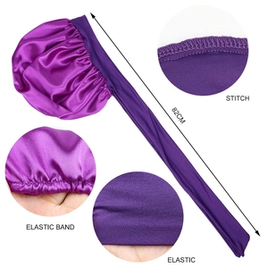 Detailed close-up of purple satin sleep cap showing 82cm long tail and elastic band