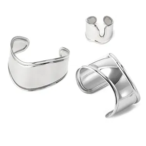 French Vintage Minimalist Stainless Steel Irregular Glossy Wave Open Bangle And Ring Combination For Women Gold Silver Jewelry