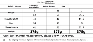Detailed size chart for vintage brown balloon jacket and skirt set with measurements