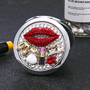 Portable Pocket Makeup Mirror Round Folding Metal Rhinestone Red Lip Artificial Pearl Decorative Compact Vanity For Travel Women