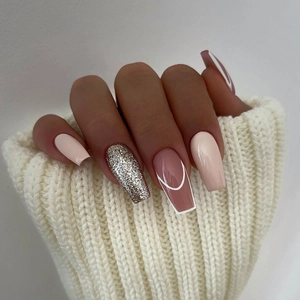 French Press On Nails Pink White Arch Line Silver Glitter Coffin Shape Long Artificial Fake Nails DIY Manicure Women