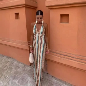 Bohemian Maxi Dress Halter V Neck Backless Knit Crochet Wave Pattern Striped Vacation Summer Beach For Women