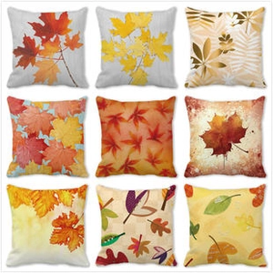Collage of nine autumn maple leaf patterns on peach skin fabric pillow covers