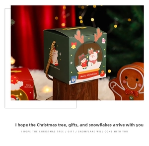 Detail of green Christmas gift box with reindeer antlers, window view and gold handle