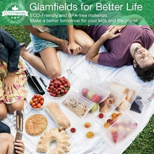 Reusable food-grade PEVA storage bags with fresh strawberries and snacks for outdoor picnics