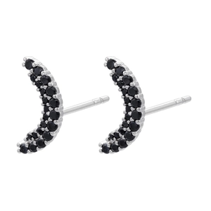 Macro shot of silver crescent moon stud earrings with black micro-pave zircon setting
