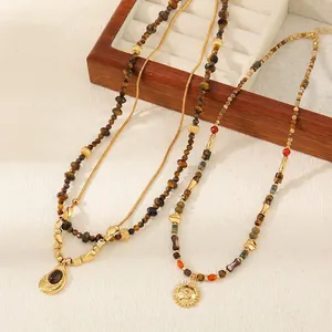 Bohemian double layer tiger eye stone necklace with sun pendant in golden finish