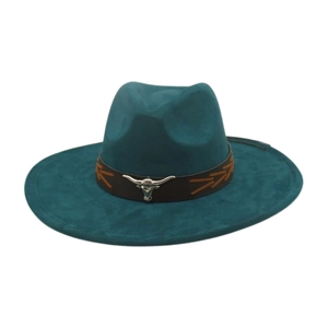 Detail of dark teal wool western hat with leather band and silver longhorn cattle skull