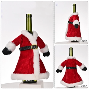 Santa Clause themed wine bottle covers with red velvet and white fur in 3-way view