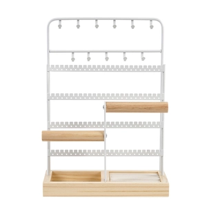 White metal and wood jewelry stand for necklaces, earrings, bracelets and rings