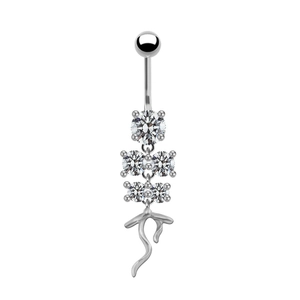 Detailed view of silver belly ring featuring sparkling clear crystals and a wavy pendant